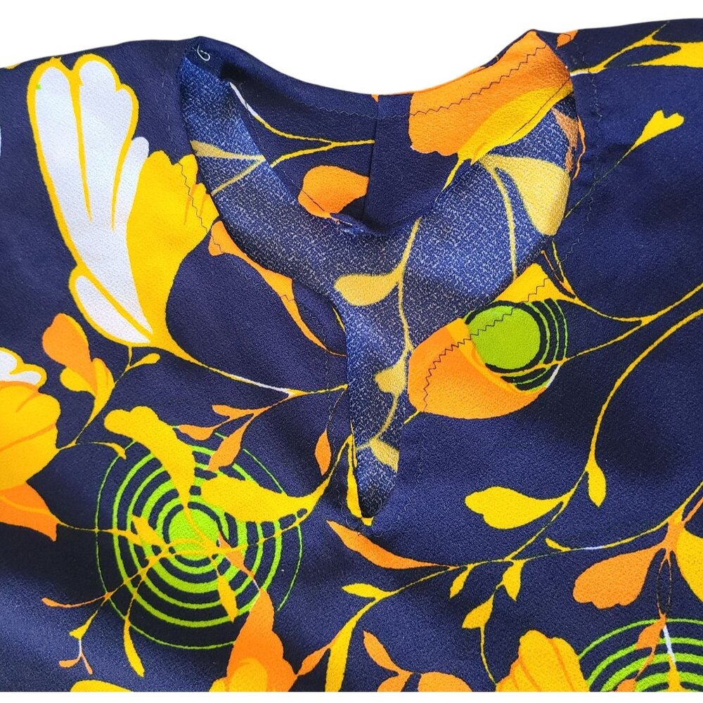 Vintage Floral Long Kaftan Dress Handmade Navy Yellow Green Abstract Print - Picture 4 of 16